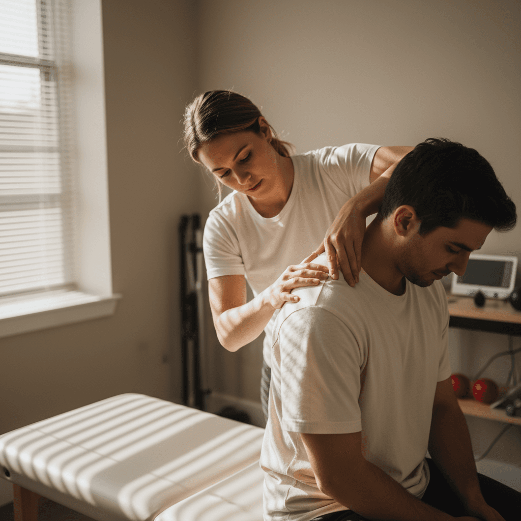Physiotherapist performing shoulder therapy