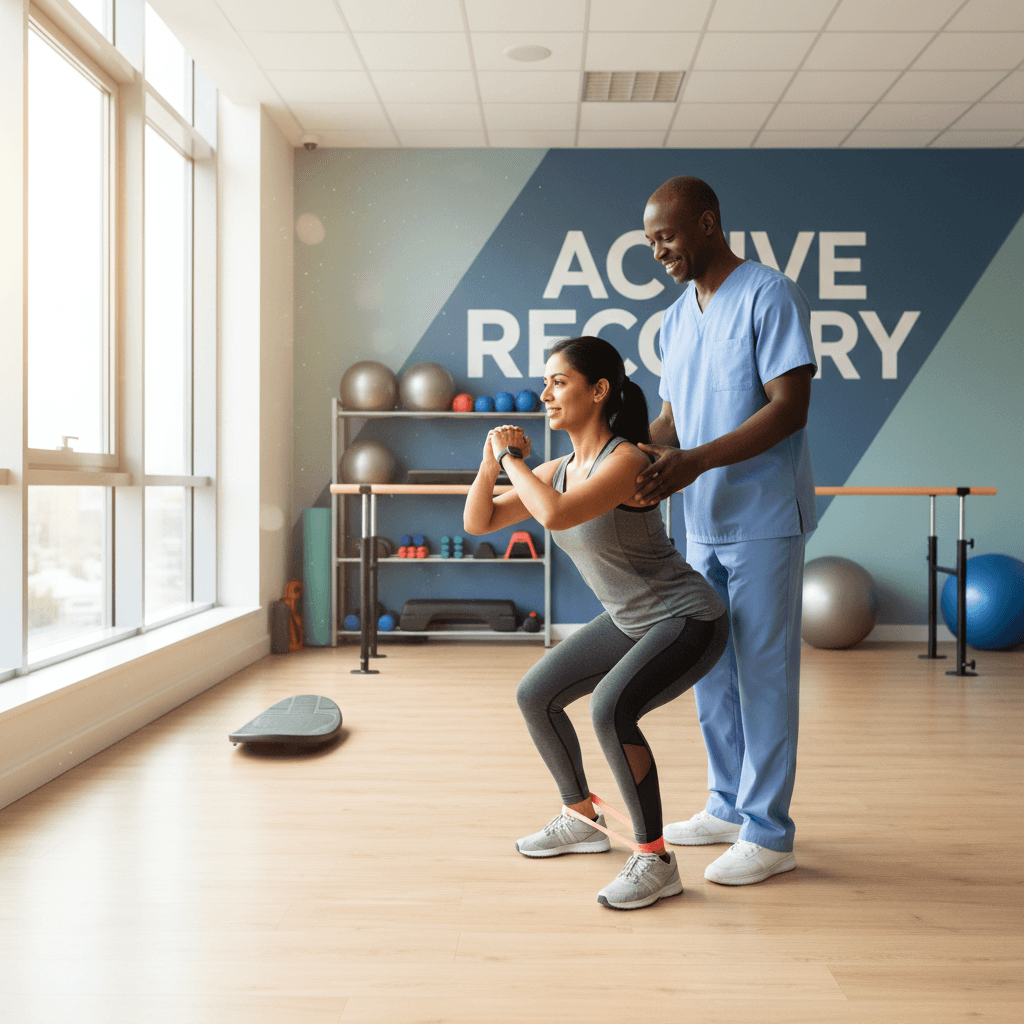 Patient performing guided rehabilitation exercises with therapist supervision
